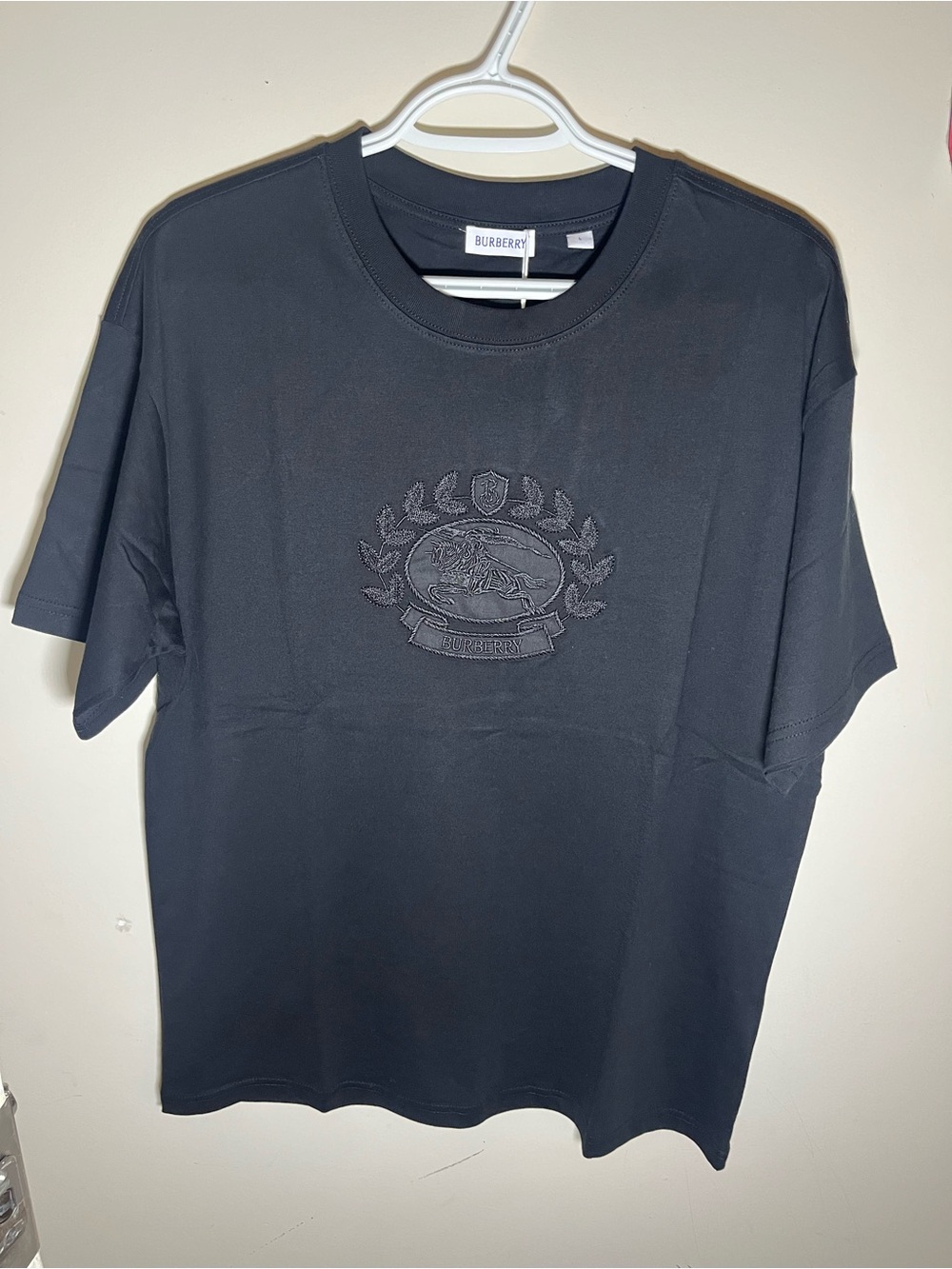 Burberry Black Crewneck T-Shirt with Tonal Embroidered Crest